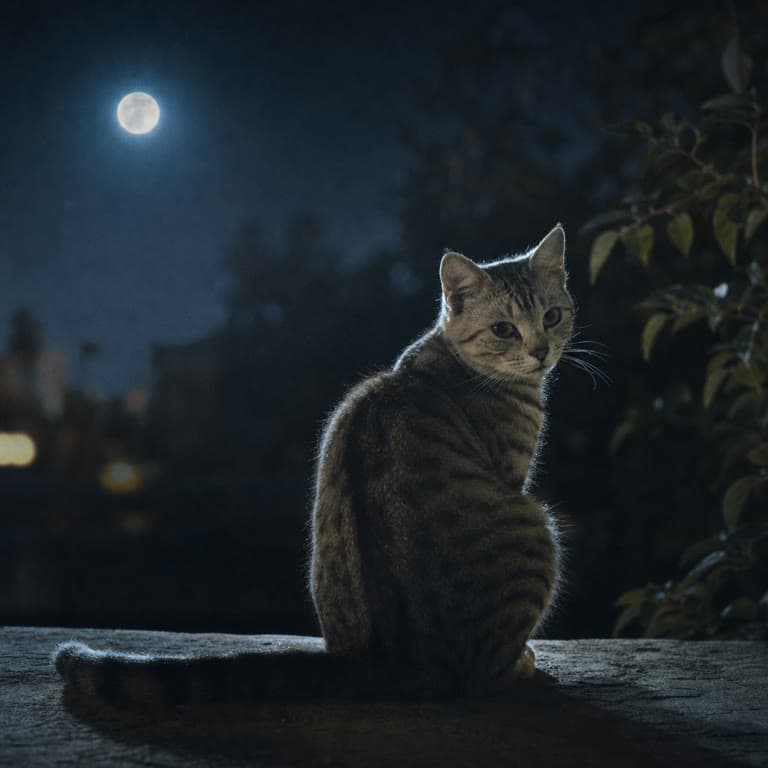 月光下坐在窗台上的虎斑猫，写实胶片摄影风格 AI 生成图片