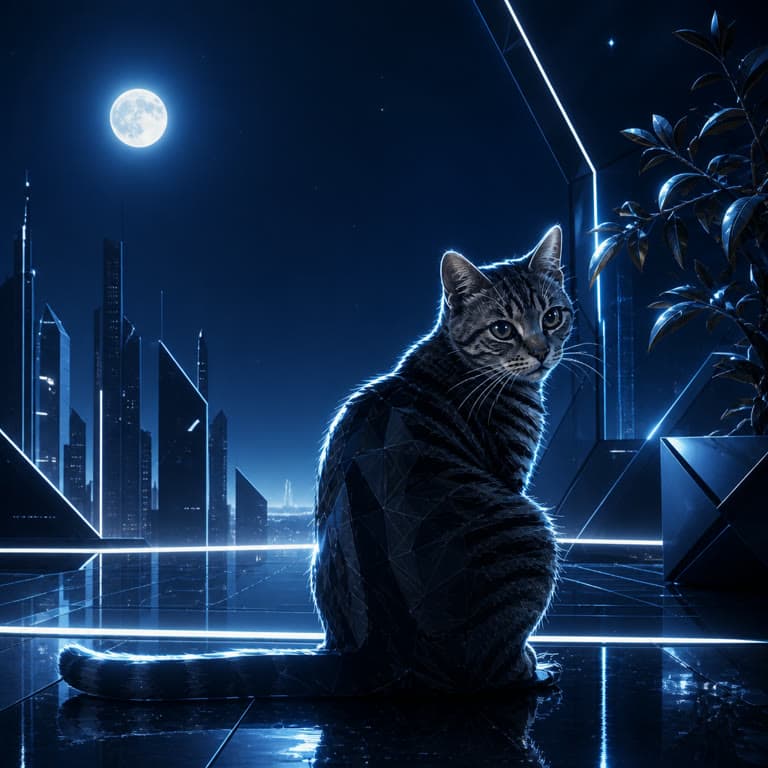 月光下的猫被续写到蓝色未来城市露台的 AI 生成图片