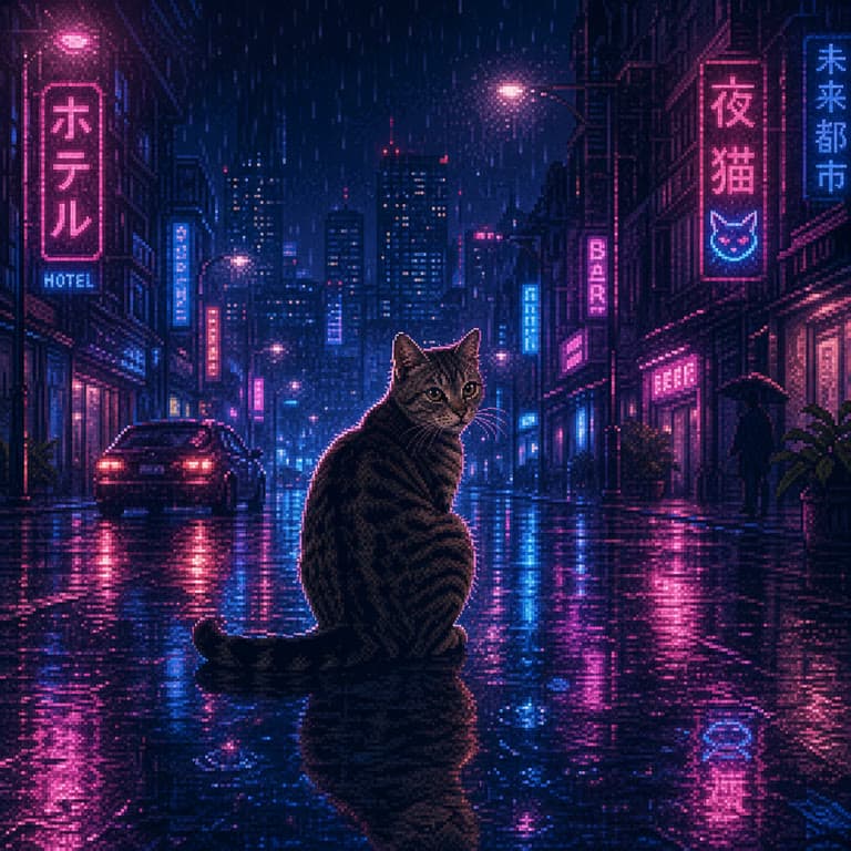 像素风猫坐在霓虹雨夜城市街道中央的 AI 生成图片