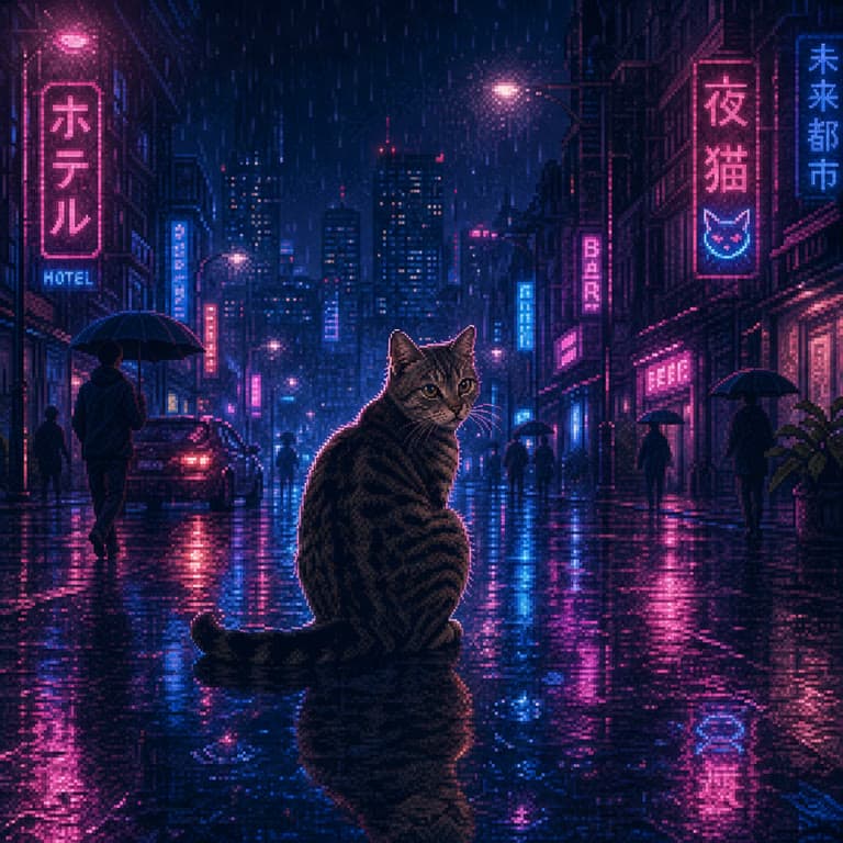霓虹雨街猫图继续加入撑伞行人的 AI 生成图片
