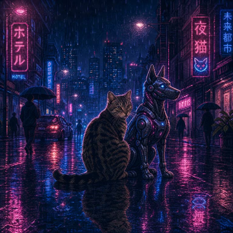 霓虹雨街猫图继续加入机械犬伙伴的 AI 生成图片
