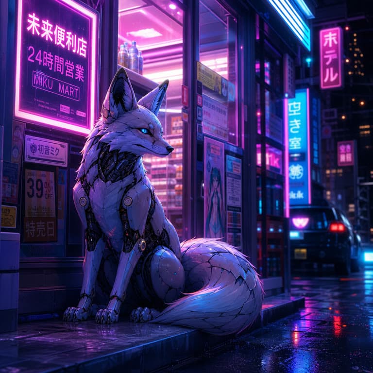 霓虹便利店门口的机械狐狸角色 AI 生成图片