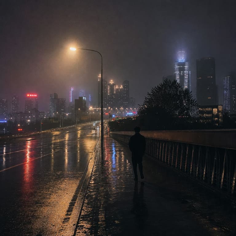 雨夜城市天桥上行走的人影，写实摄影质感 AI 生成图片